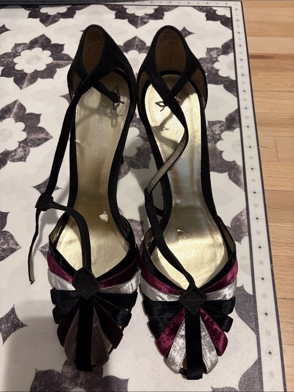 Nine West Vedna Black Velvet Strappy Heels with Purple and Silver Details